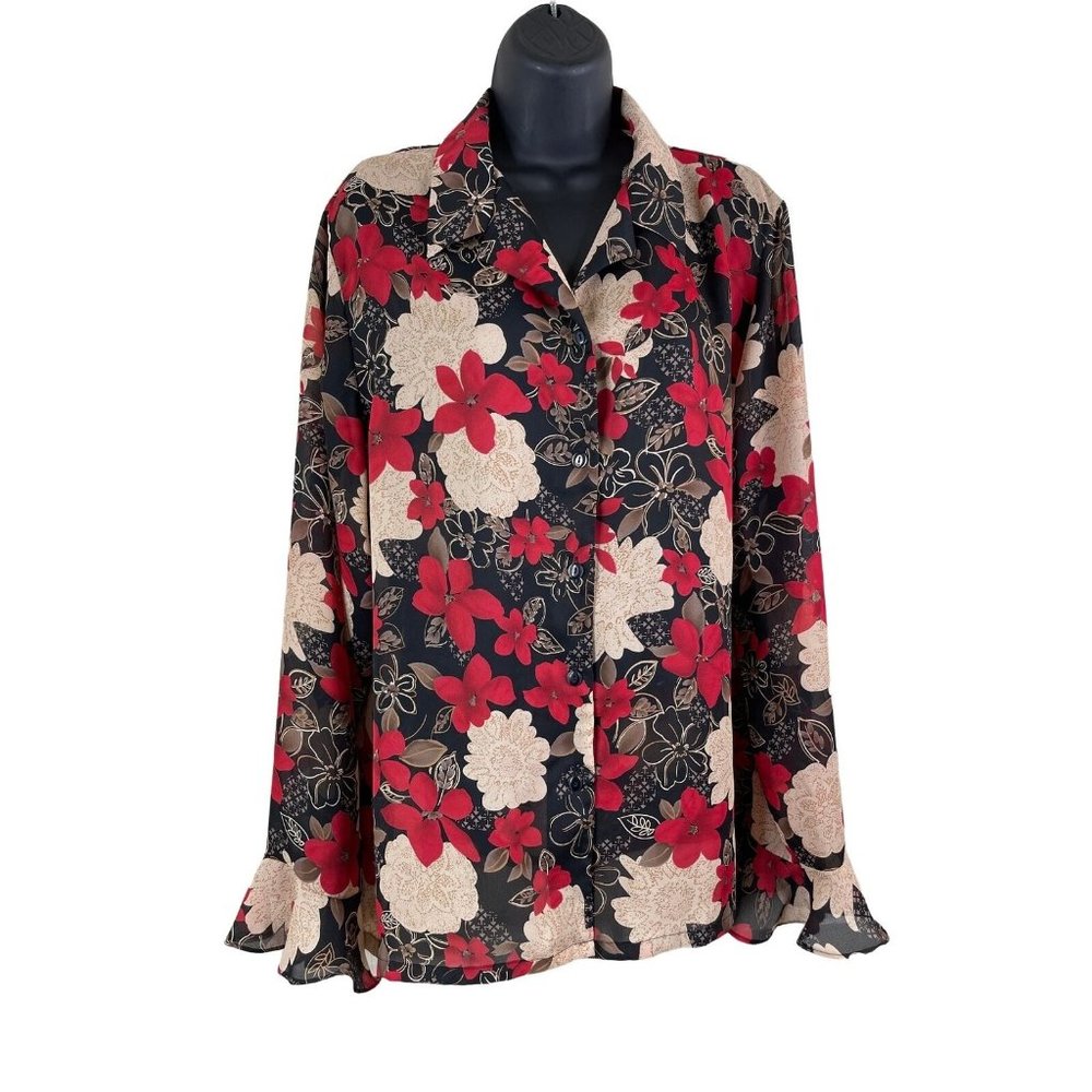 Sag Harbor Blouse Women Plus Size 18 1X Long Sleeve Red Beige Black Sheer Floral